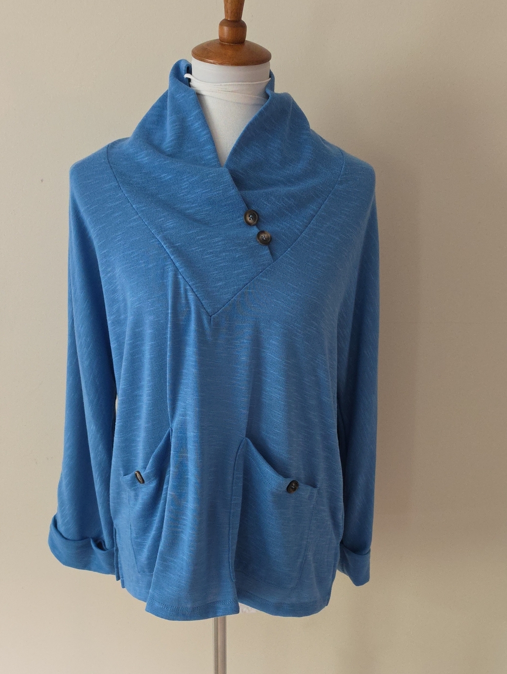 Ny Collection Blue Cozy Button-Accent Long Sleeves Brand New